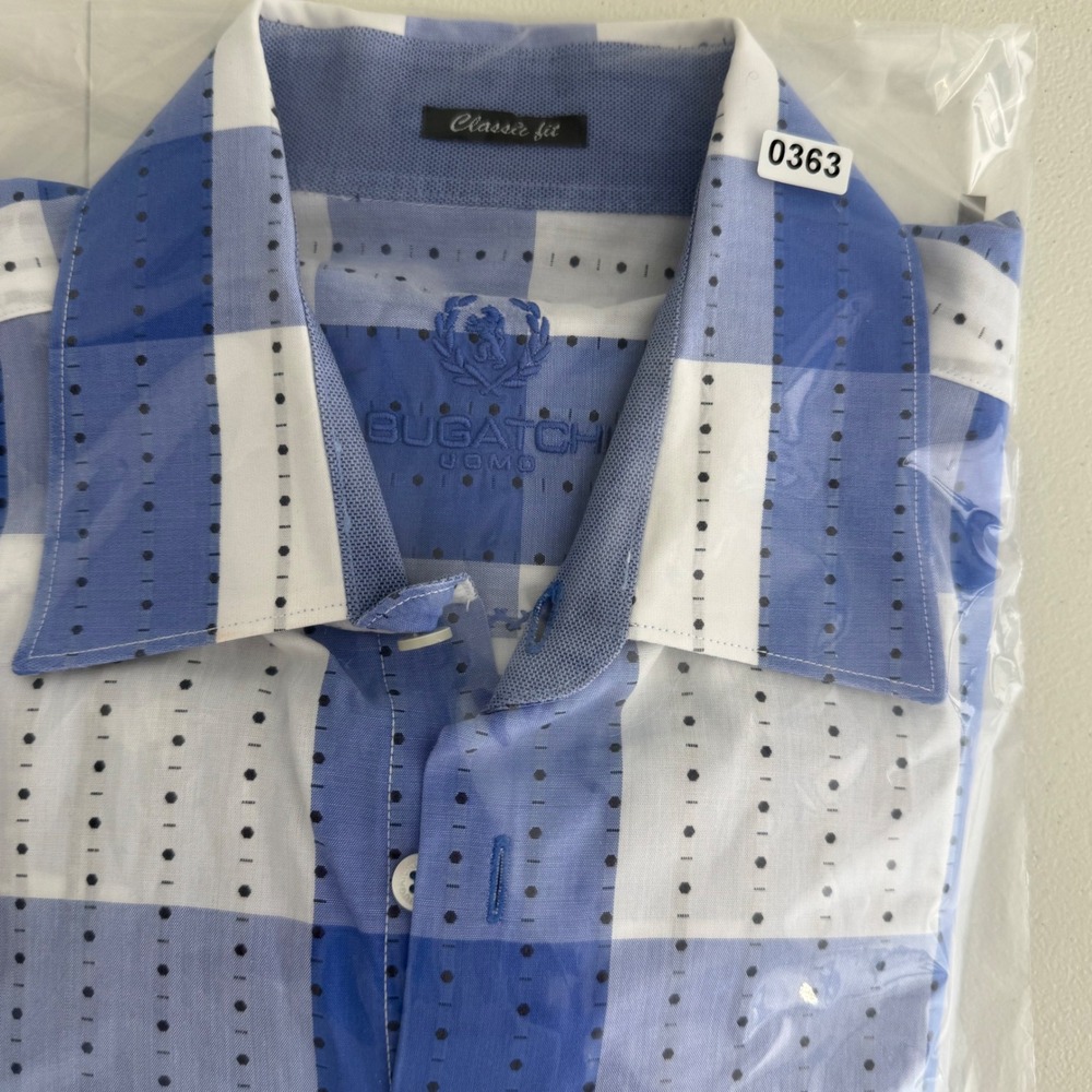 Bugatchi Uomo Mens Blue White Check Dotted Stripe Long Sleeve Button Down Shirt - Picture 12 of 12